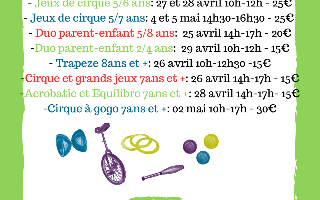 PROGRAMME des STAGES CIRQUE à Tarbes – vacances de Pâques 2022